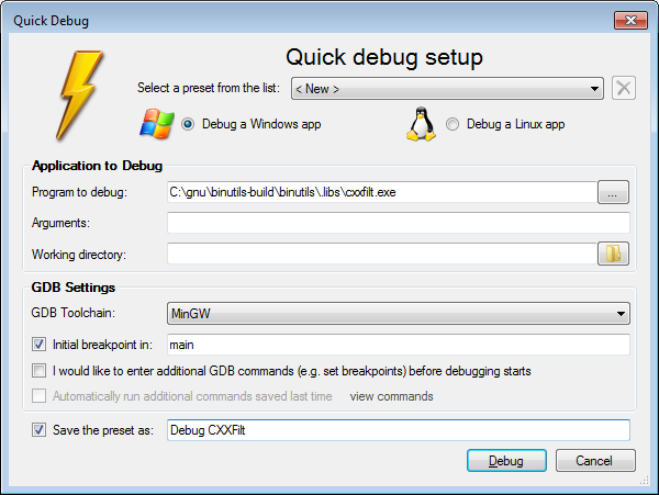 SELECTION GDB online Debugger Code, Compile, Run, Debug online C