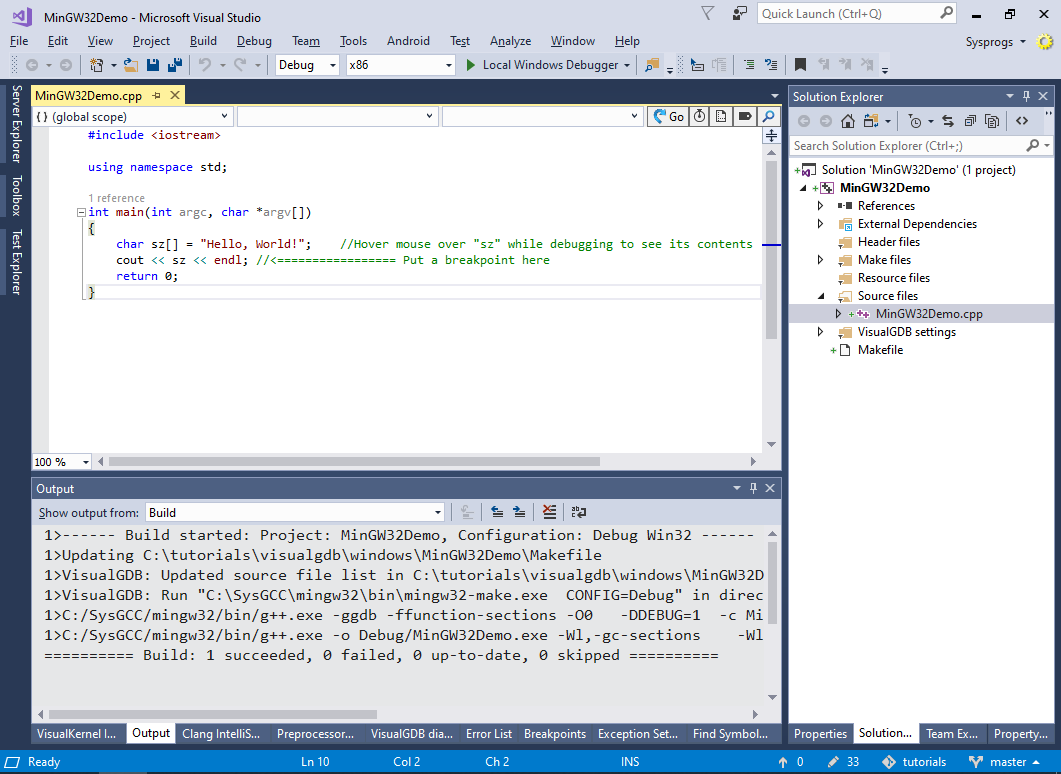 Using Visual Studio to debug MinGW applications – VisualGDB Tutorials